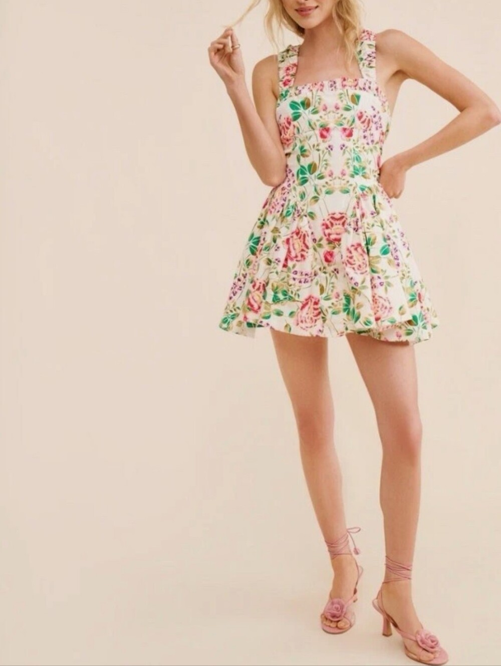Free People Matilde Mini Dress Poplin Drop Waist Floral Tie Puffy Size Small